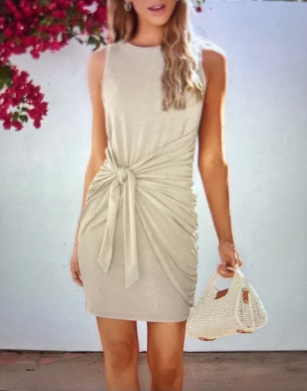 Lillusory Sleeveless Ruched Knot-Front Midi Dress in Beige Size L NWT